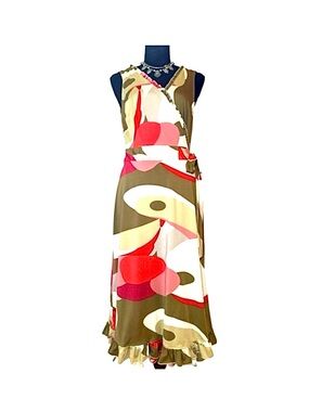 JONATHAN MARTIN ~ Army Green and Pink Ruffled A-Line Sleeveless Midi Dress